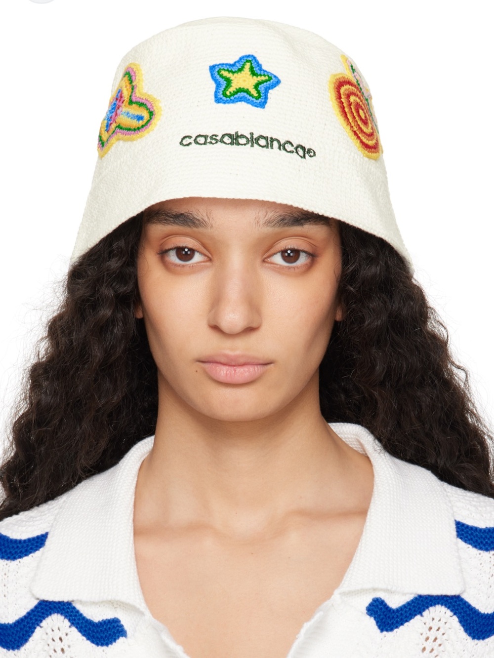 Casablanca White Crochet Embroidered Bucket Hat